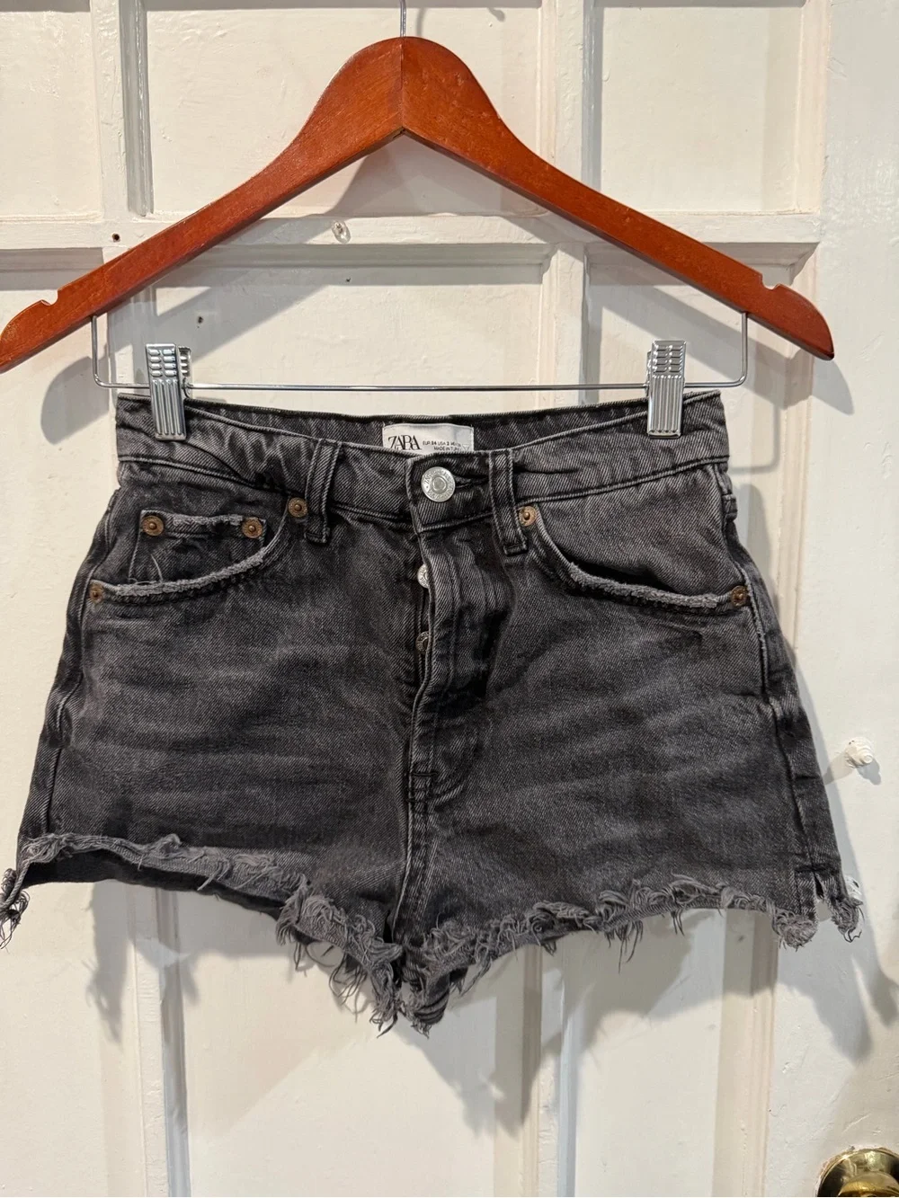 Zara Charcoal Black Frayed Denim Shorts